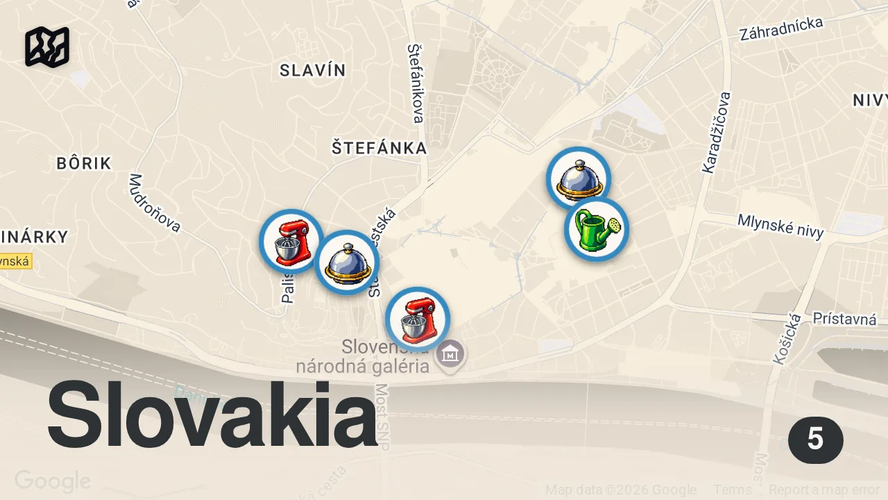 Map of 5 spots from 48 HOURS In SLOVAKIA - INCREDIBLE FOOD Tour in Bratislava