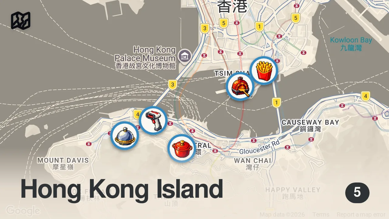 Map of 5 spots from Hong Kong Dining Hall Food | Josh Slavin Compilation