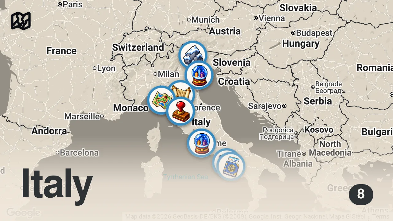 Map of 8 spots from Where to Go in Italy: 15 Places in 15 Minutes