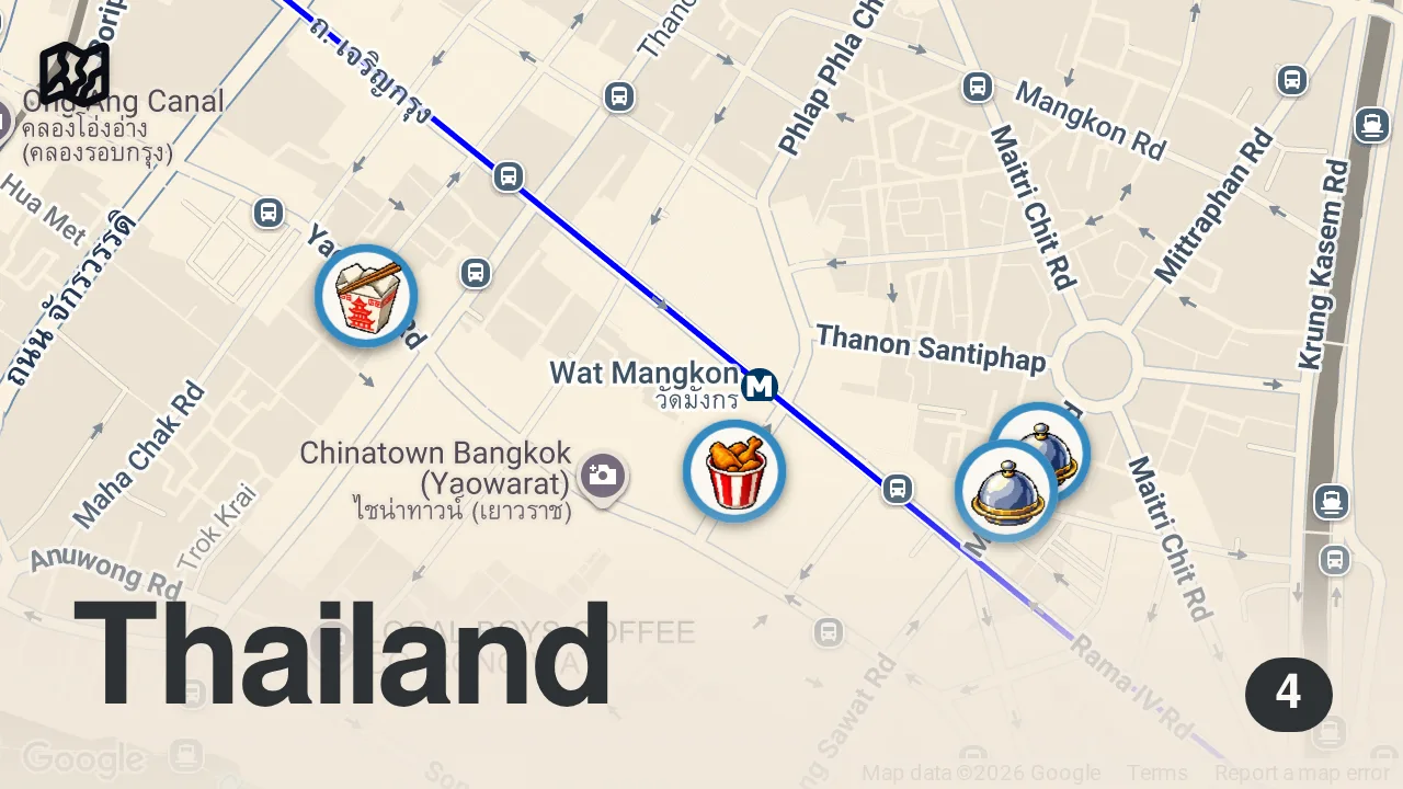 Map of 4 spots from 7 AM Thai Street Food Tour!! BREAKFAST HEAVEN in Bangkok, Thailand!!