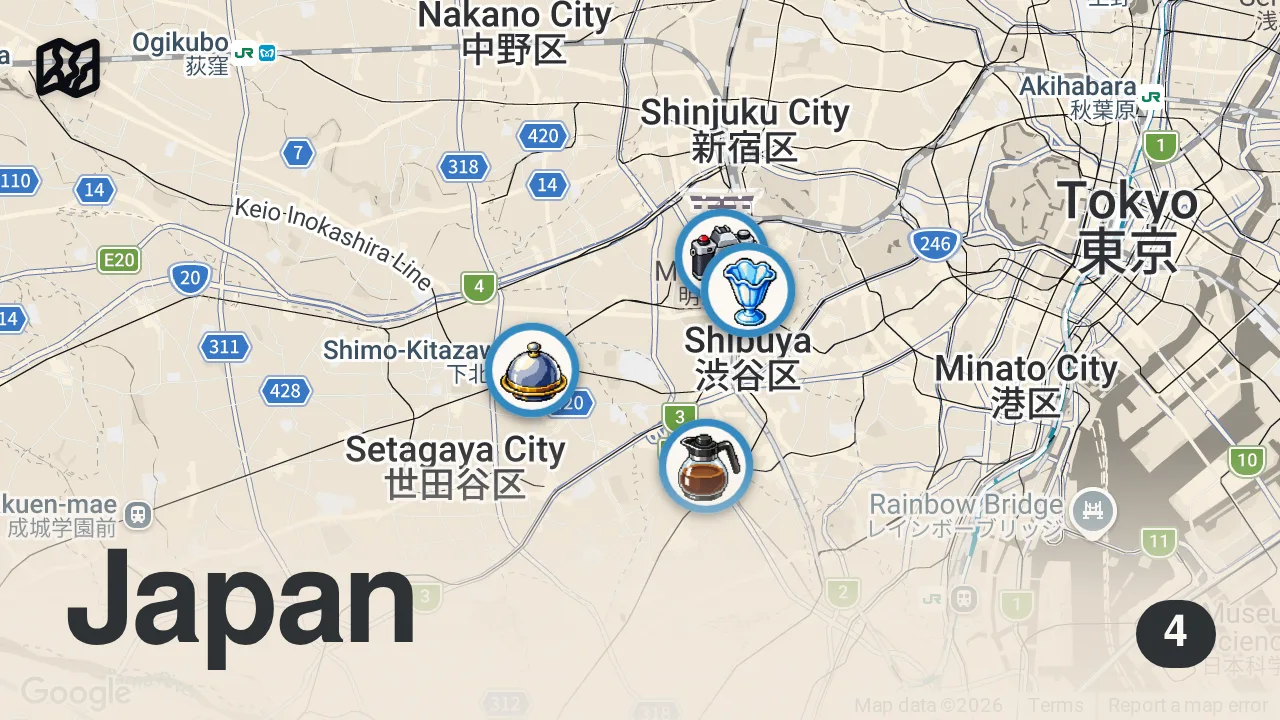 Map of 4 spots from 24 Hours in Tokyo | Japan Budget Travel Guide