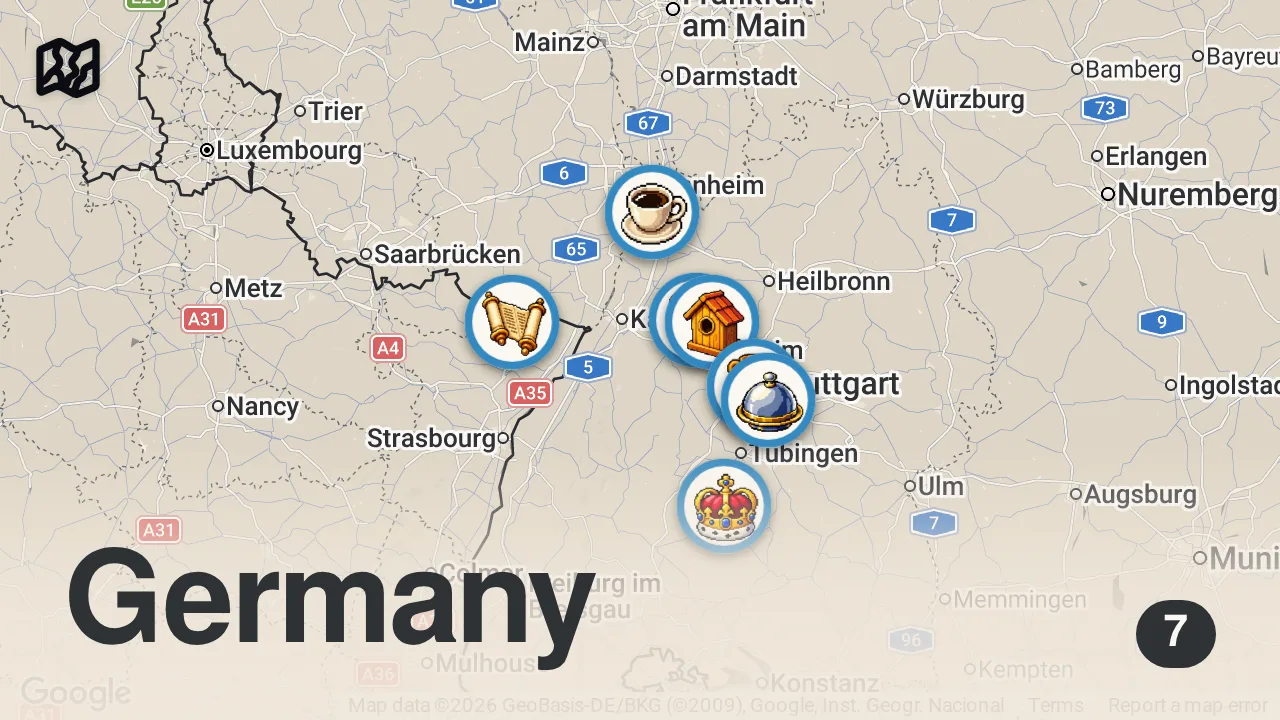 Map of 7 spots from 5 Days Exploring Germany - WWII Bunkers, Castles, Food & Fun