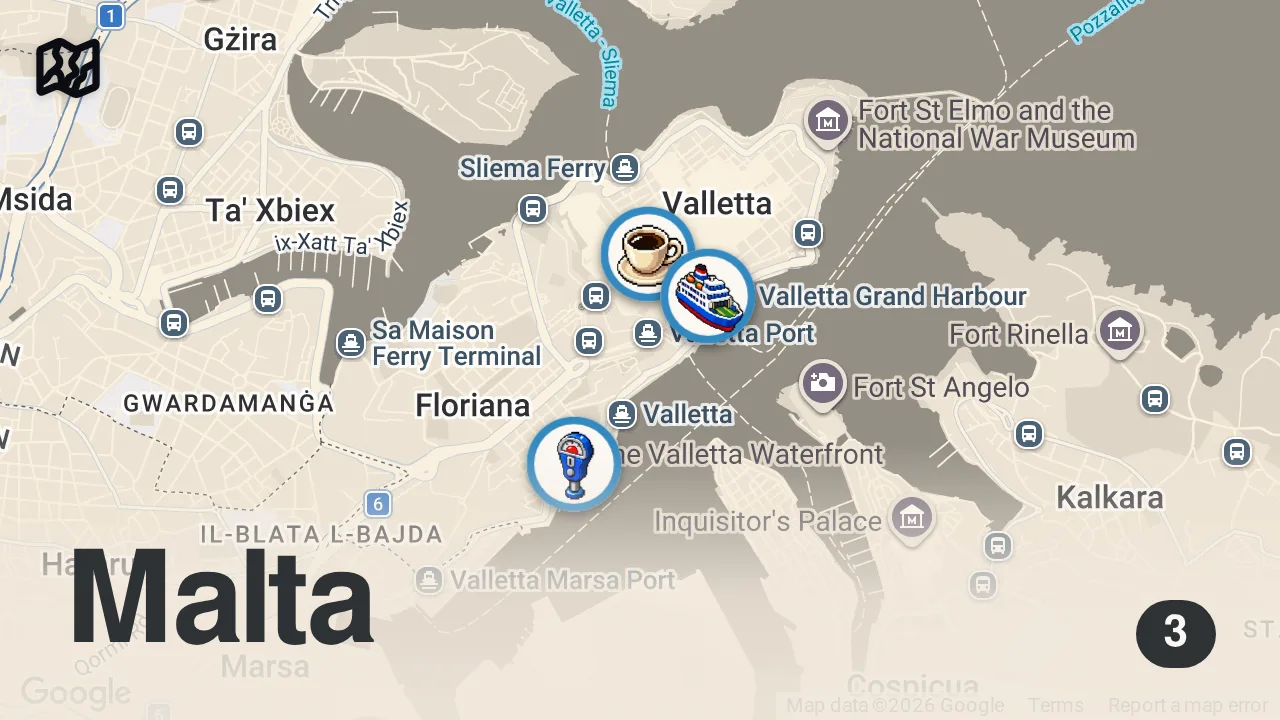 Map of 3 spots from VALLETTA SAVED By UNESCO - Waterfront, Docks & City Centre 🇲🇹 - Capital Of Malta