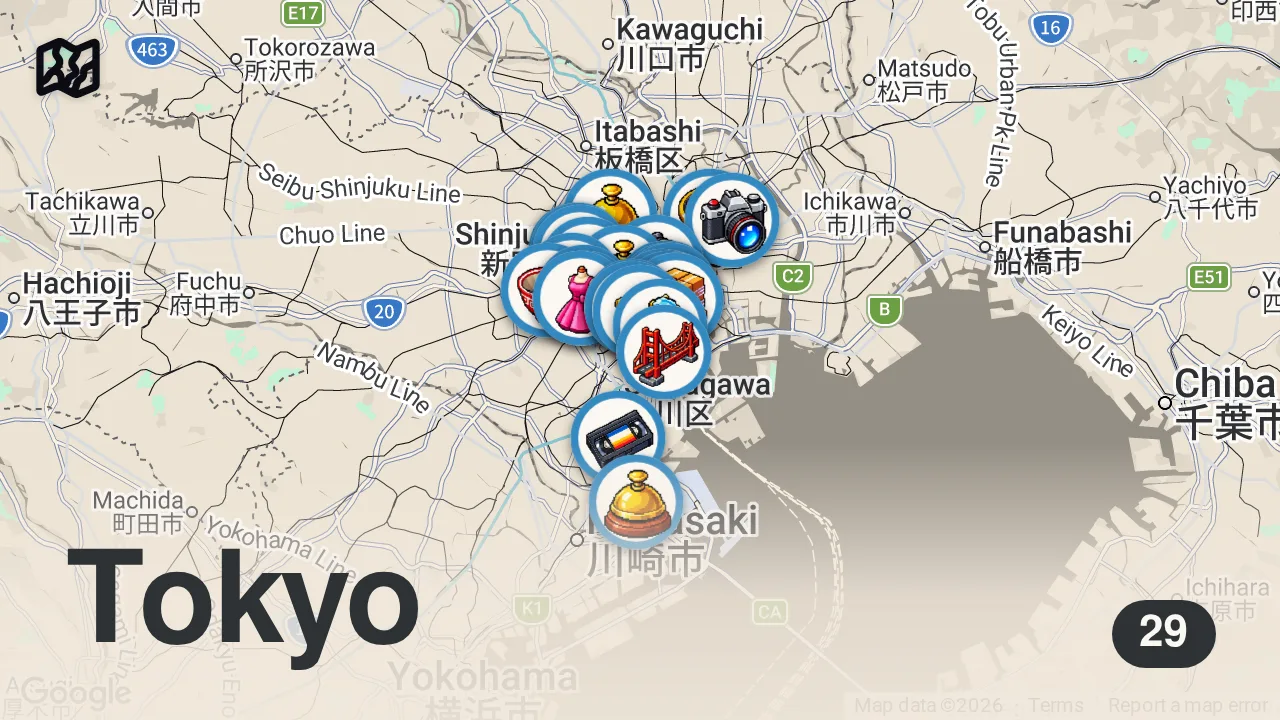 Map of 29 spots from 10 CHEAP Luxury Hacks in Tokyo (Feel Rich in Japan 🇯🇵) Budget Travel Guide + Food & Tips Vlog