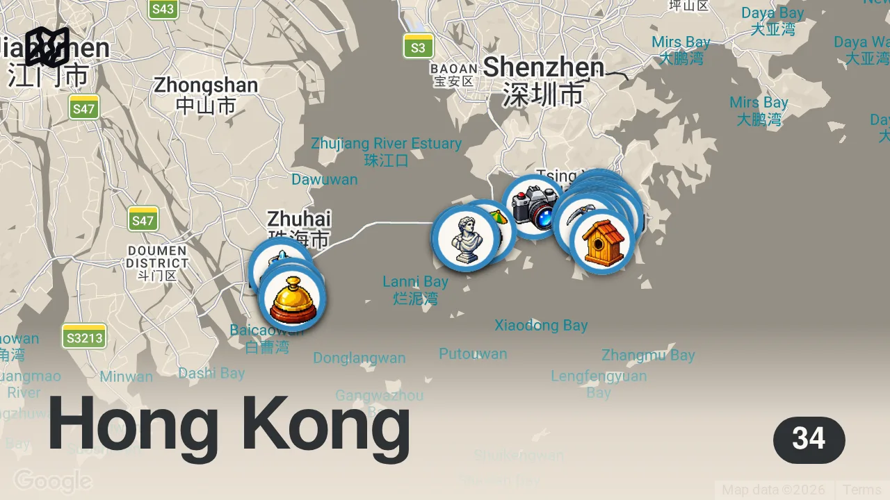 Map of 34 spots from Hong Kong 2026 Travel Guide: Best Places to Visit + Food to Eat • 5-Day Budget Itinerary • Tour Vlog