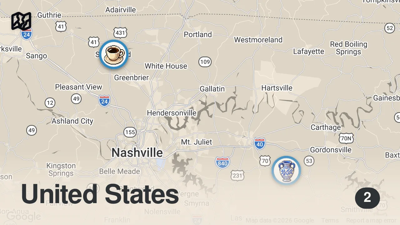 Map of 2 spots from Eating at SKETCHY Restaurants For 24 Hours... (Tennessee)