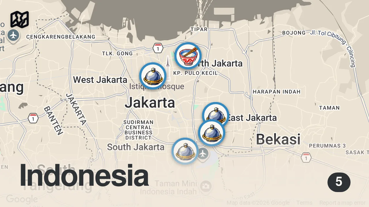 Map of 5 spots from JAKARTA FOOD HEAVEN - Crazy Indonesian street food in Jakarta, Indonesia