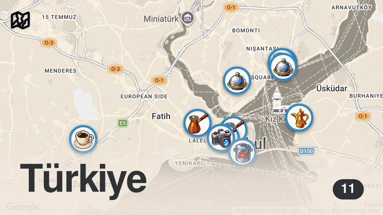 Map of 11 spots from Ultimate Istanbul Food Tour: Best Turkish Street Food | Epic Food Journeys with Mark Wiens | Nat Geo