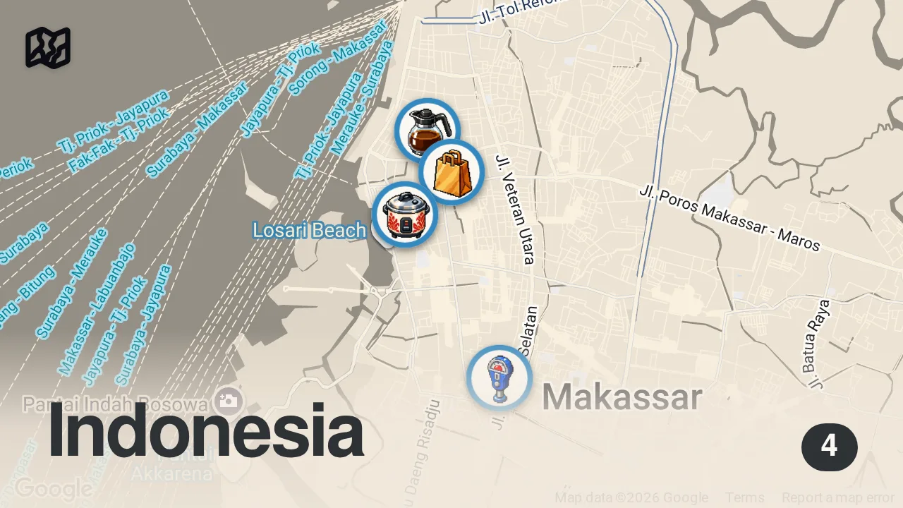 Map of 4 spots from Finally in Makassar!! BEEF RIBS MOUNTAIN + Most Famous Food in Makassar, Indonesia!