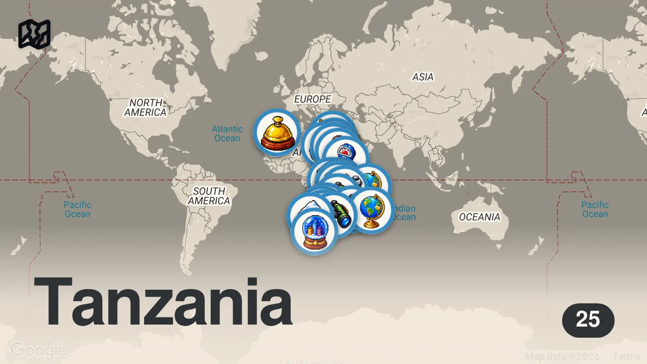 Map of 25 spots from AFRICA: Dove l'Acqua Ha Creato i Luoghi più Spettacolari della Terra | 4K Video Documentario