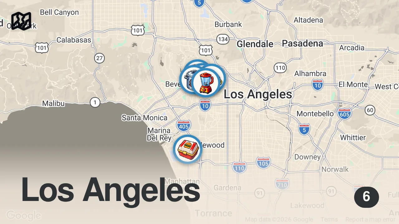 Map of 6 spots from I Tried LA's Most Overrated Food