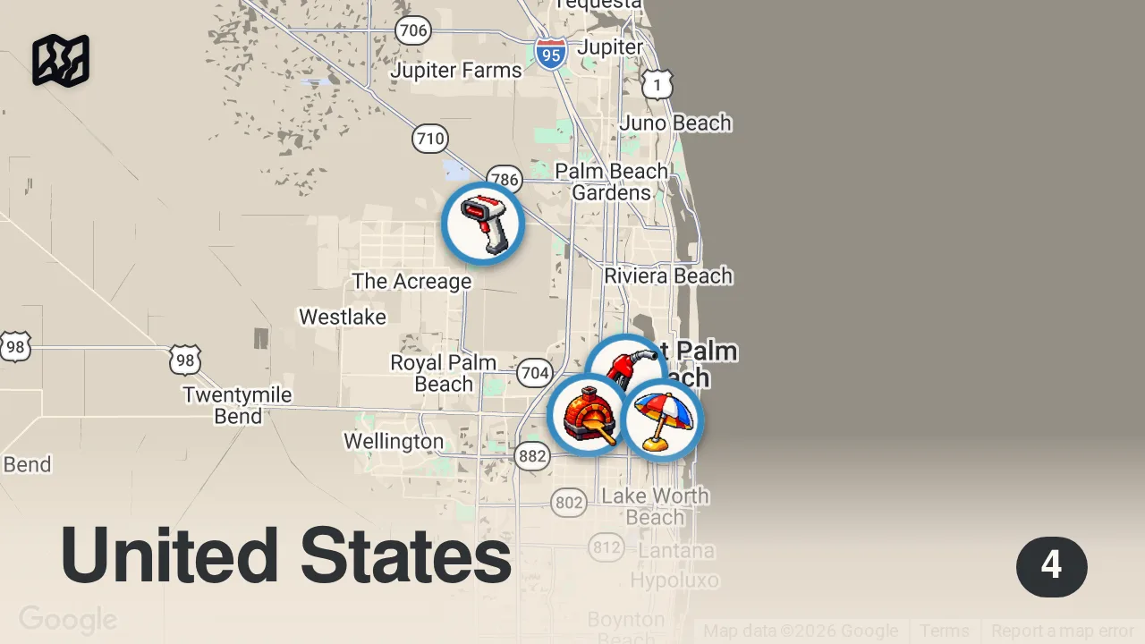 Map of 4 spots from Eating at Gas Station Restaurants For 24 Hours...