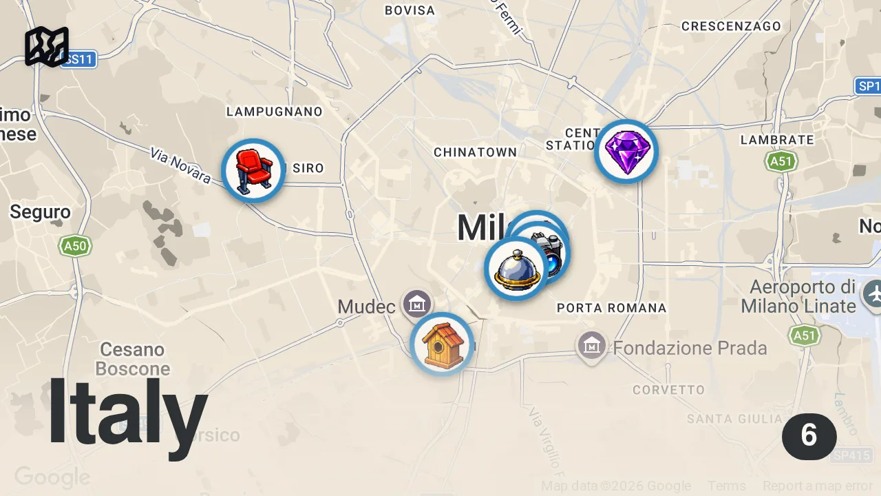Map of 6 spots from MILAN | STREET FOOD, PIZZA AND BARS | ONLY SCRANS
