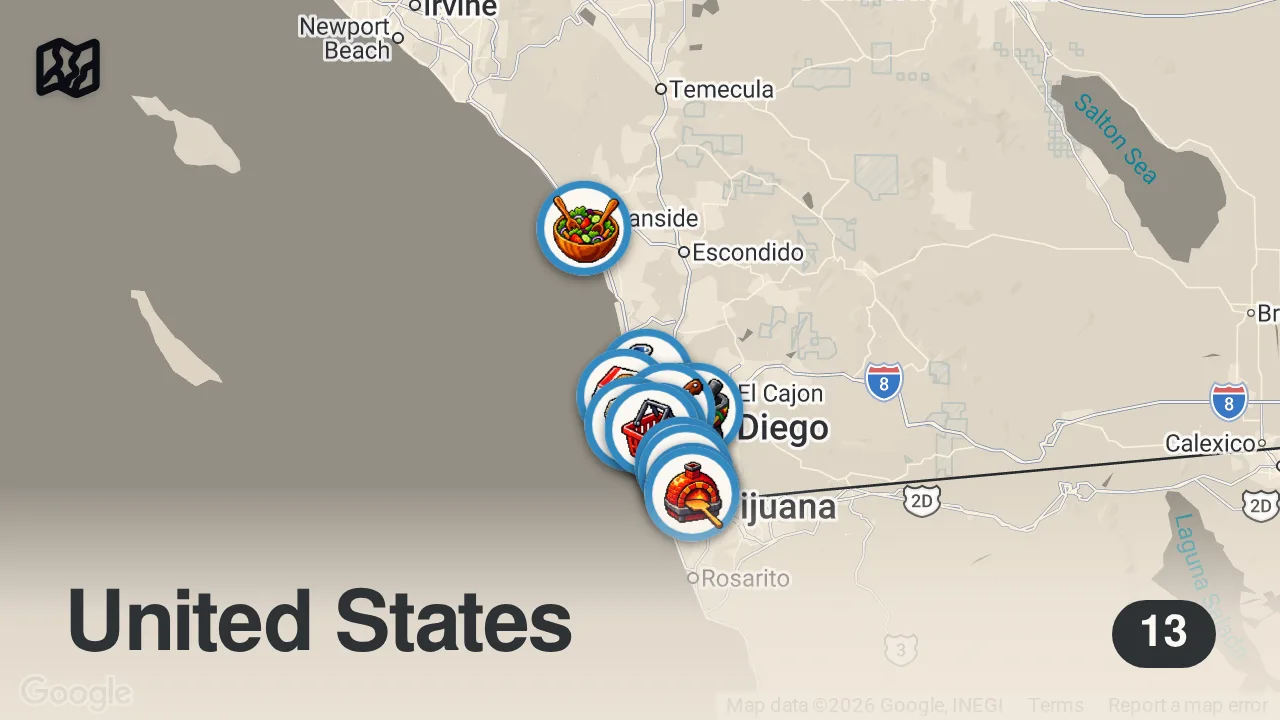 Map of 13 spots from MY TOP 10 BEST FOODS in SAN DIEGO 2025 🏆