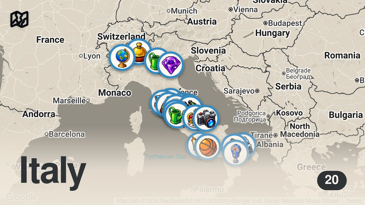 Map of 20 spots from 20 posti magici da vedere in Italia