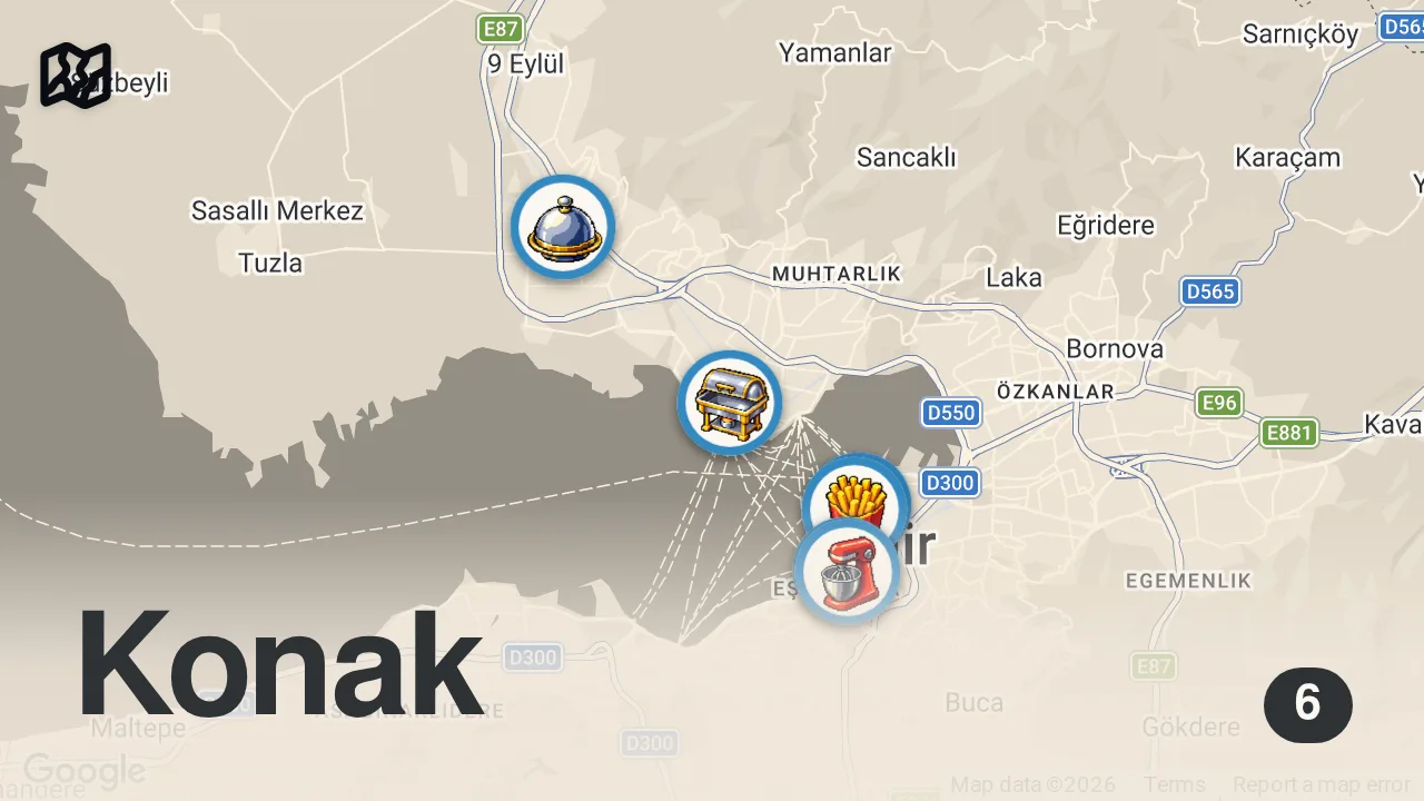 Map of 6 spots from İZMİR'İN AYAKÜSTÜ LEZZETLERİ - (Boyoz, söğüş, dilli kaşarlı, banana pudding) - Ayaküstü Lezzetler