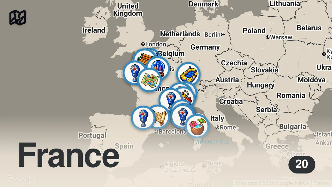 Map of 20 spots from Top 25 Places To Visit in France - Travel Guide