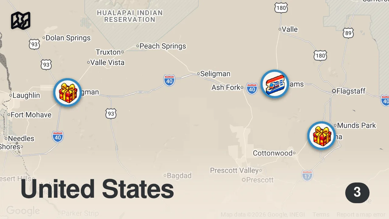 Map of 3 spots from Route 66 Motorcycle Road Trip |  Arizona Cowboys, Hot Rods & Diners