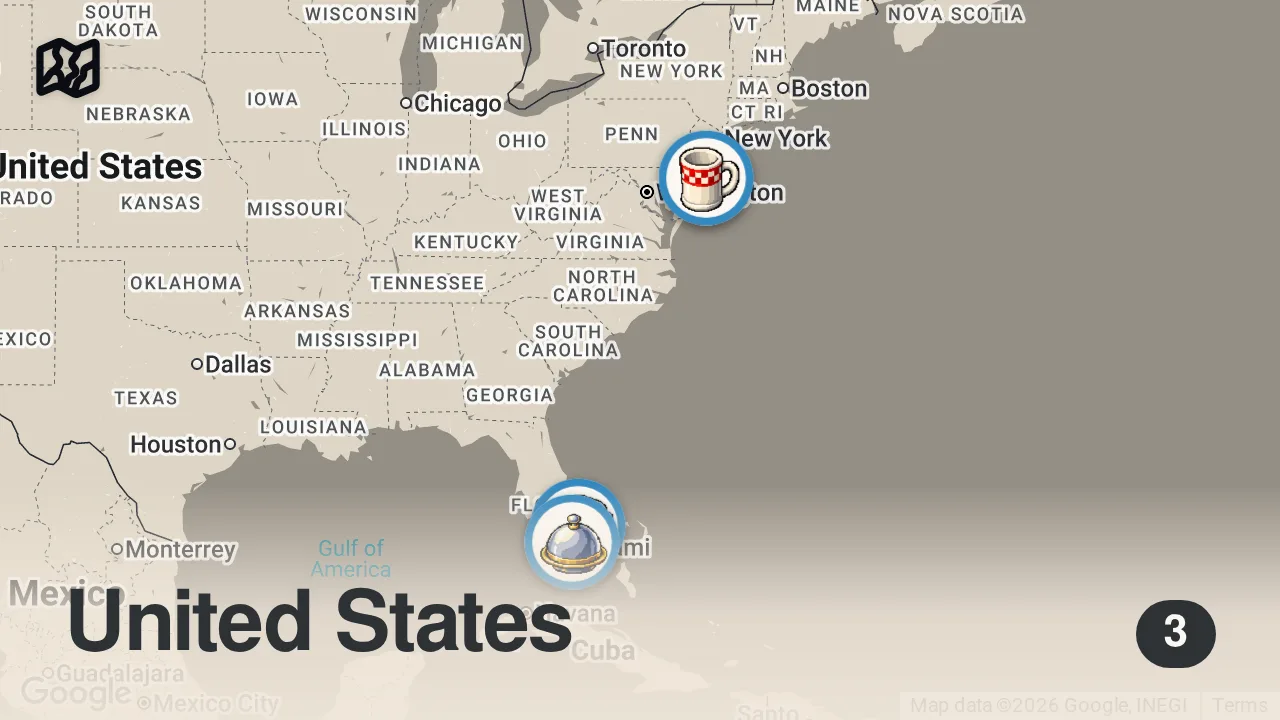 Map of 3 spots from Eating at Christmas Themed Restaurants For 24 Hours...
