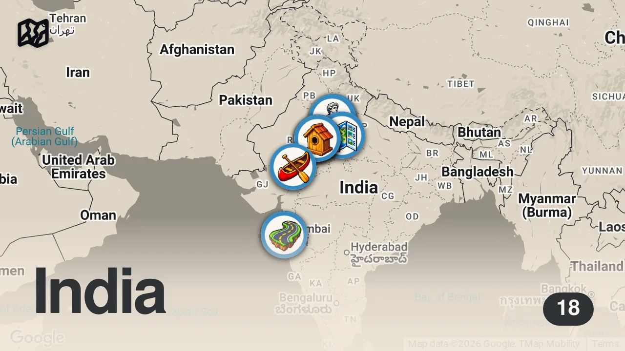 Map of 18 spots from الهند | جولة في أفضل 7 مدن سياحية، نصائح وتحديثات أسعار 2026