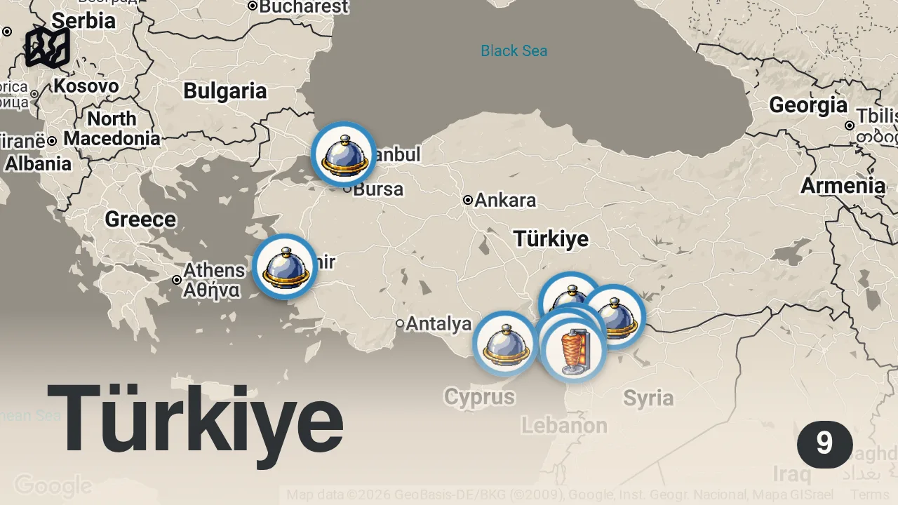 Map of 9 spots from İSKENDERUN’DA TÜM TABLACILARI GEZDİM SERİSİ!!!