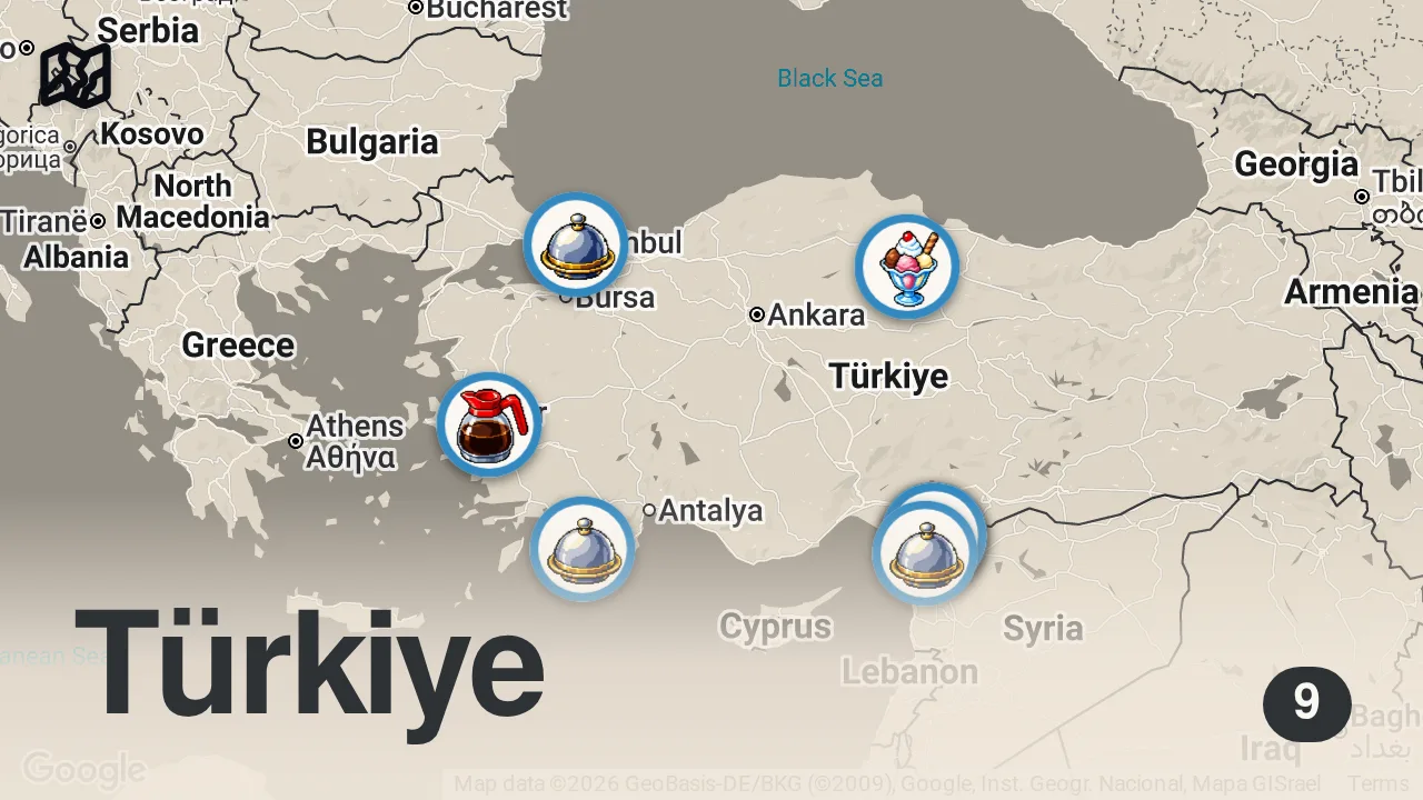 Map of 9 spots from KIRIKHAN’DA 1 GÜNDE NE YENİR!!!