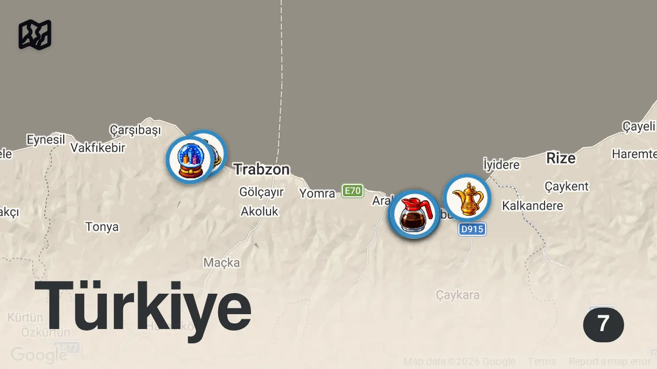 Map of 7 spots from TRABZON LEZZET REHBERİ | Kuzu Haşlama, Akçaabat Köftesi, Karadeniz Döneri, Sürmene Pidesi