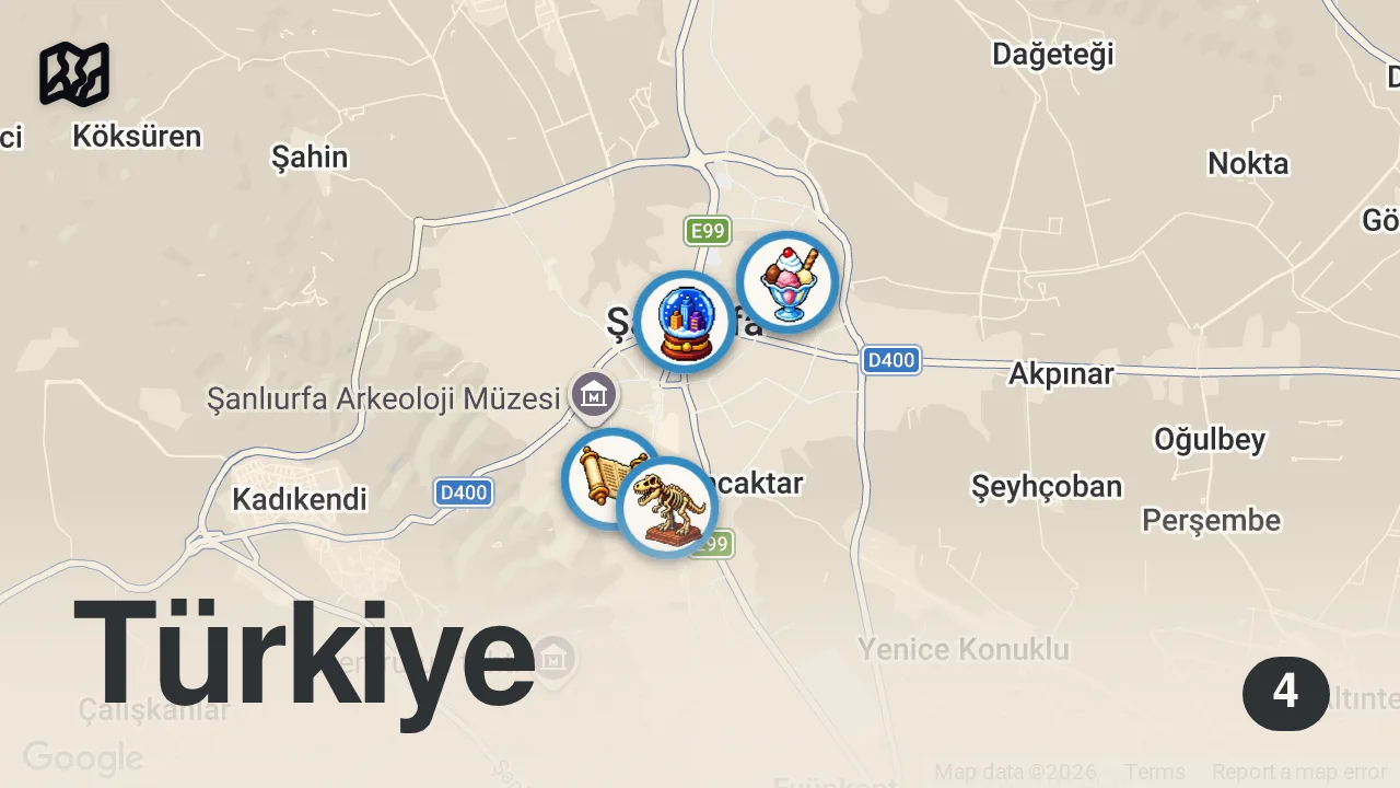 Map of 4 spots from Sanliurfa'da Gezilecek Yerler ve Yöresel Lezzetler