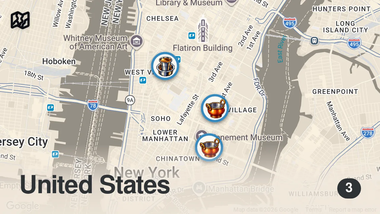 Map of 3 spots from How One of New York’s Best Indian Restaurants Makes Dosas — Plateworthy with Nyesha Arrington
