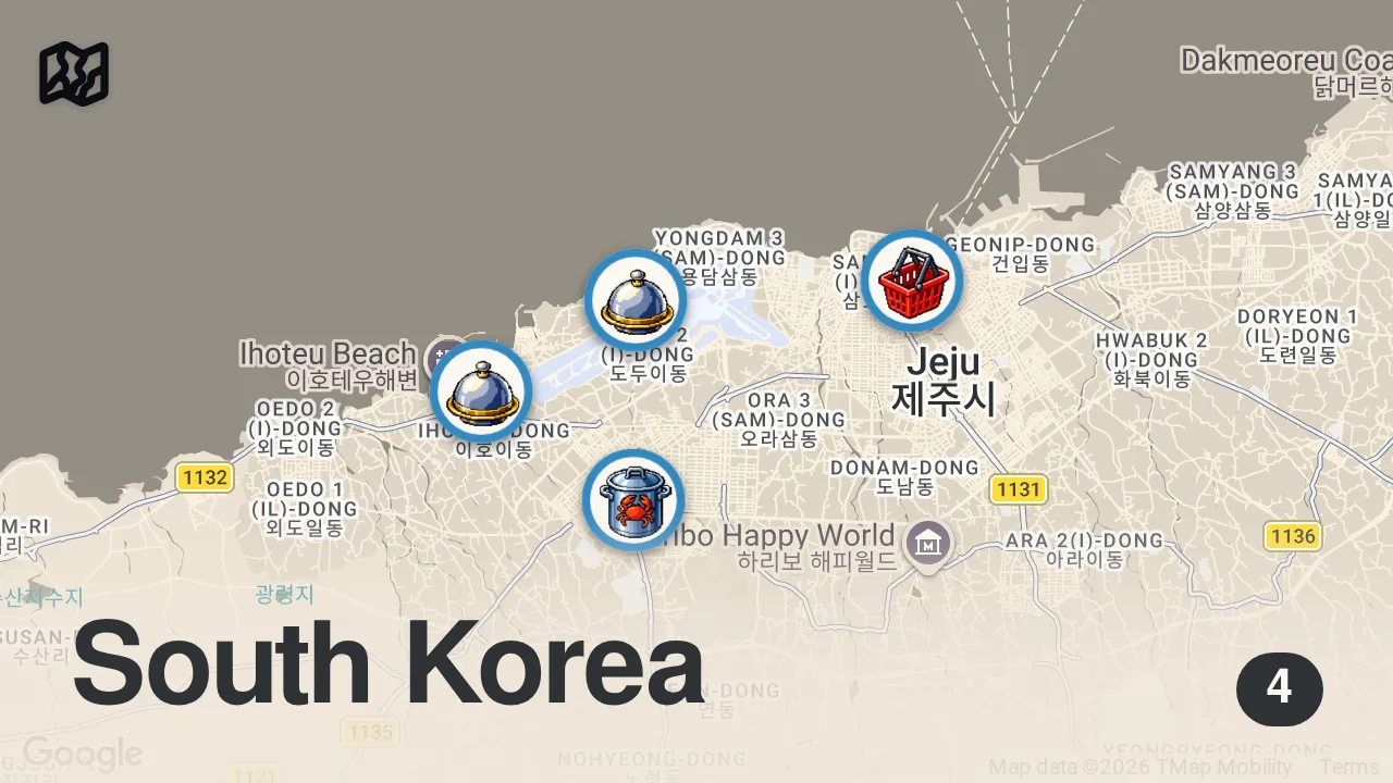 Map of 4 spots from Jeju Island Korean Seafood Tour!! (From $1 to $350)