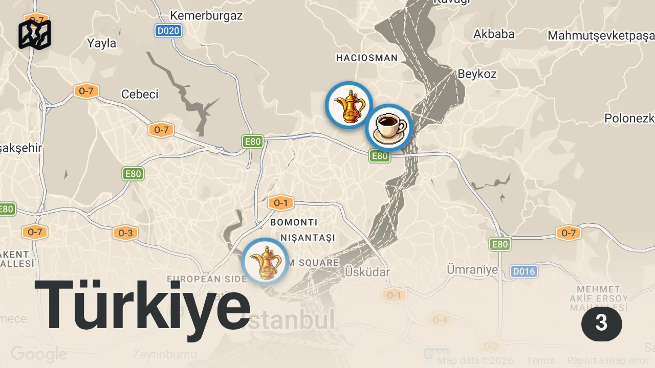 Map of 3 spots from Lezzet Peşinde Bir Gün (Hesaplar Senden Bölüm 1) - Ayaküstü Lezzetler