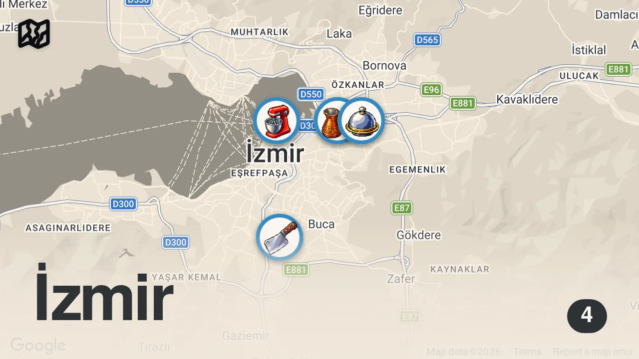 Map of 4 spots from STREET FOOD IN TURKEY 🇹🇷 | A BUTCHER LIKE YOU'VE NEVER SEEN BEFORE + STREET FOOD IN IZMIR, TURKEY