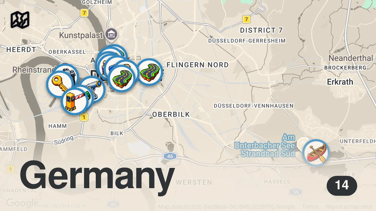 Map of 14 spots from Live Stream aus Düsseldorf (Freitag 18:00)