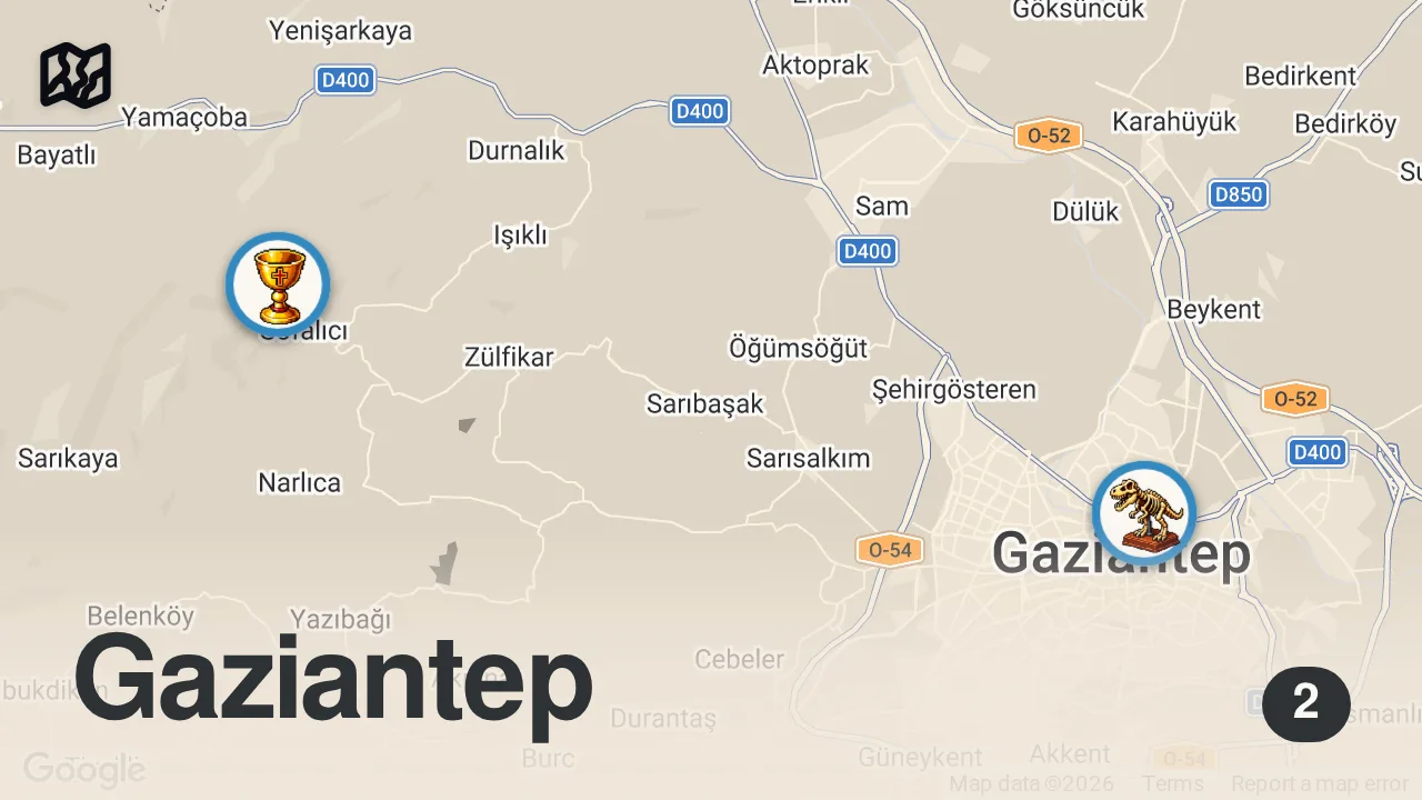 Map of 2 spots from Gaziantep'in Gizli Lezzetleri: Yeni Dünya Kebabı ve Nohut Dürümü | Asuman Kerkez