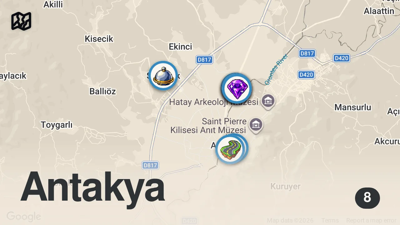 Map of 8 spots from Antakya Lezzet Rehberi | Humus, tepsi kebabı, künefe, döner, kömbe, Antakya simidi