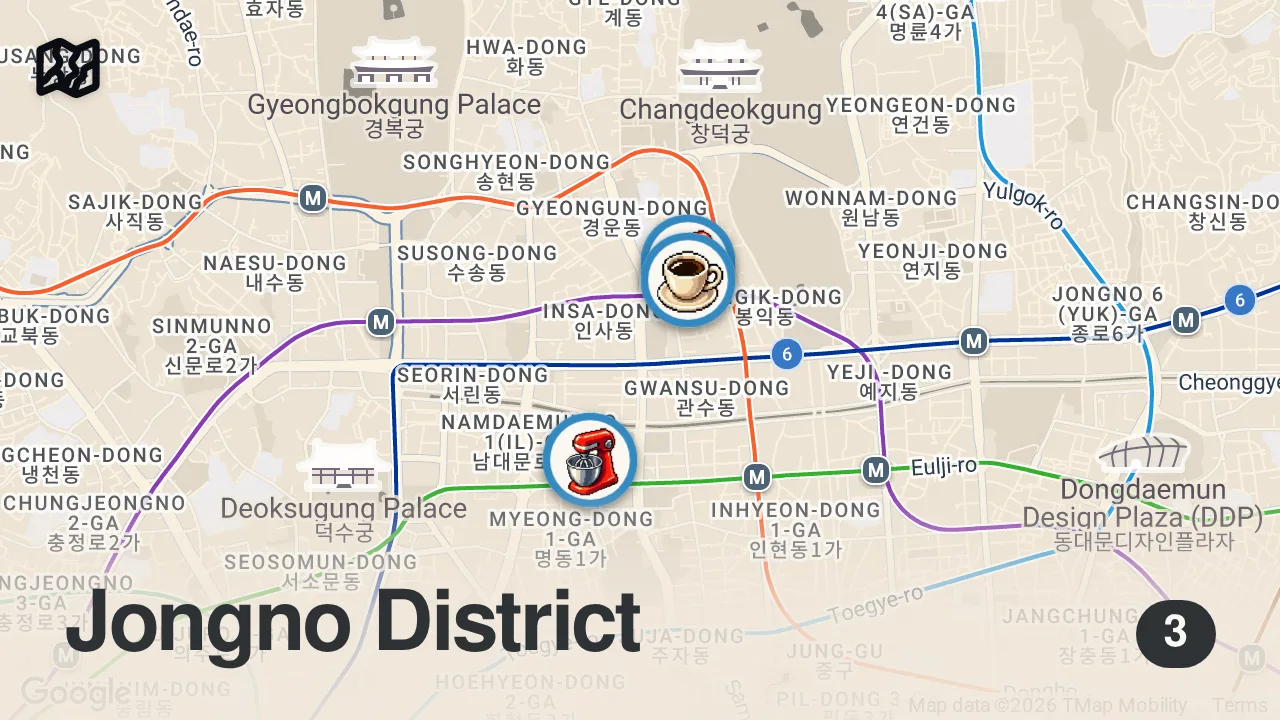 Map of 3 spots from 3 Must Eat Korean Salt Breads in Seoul