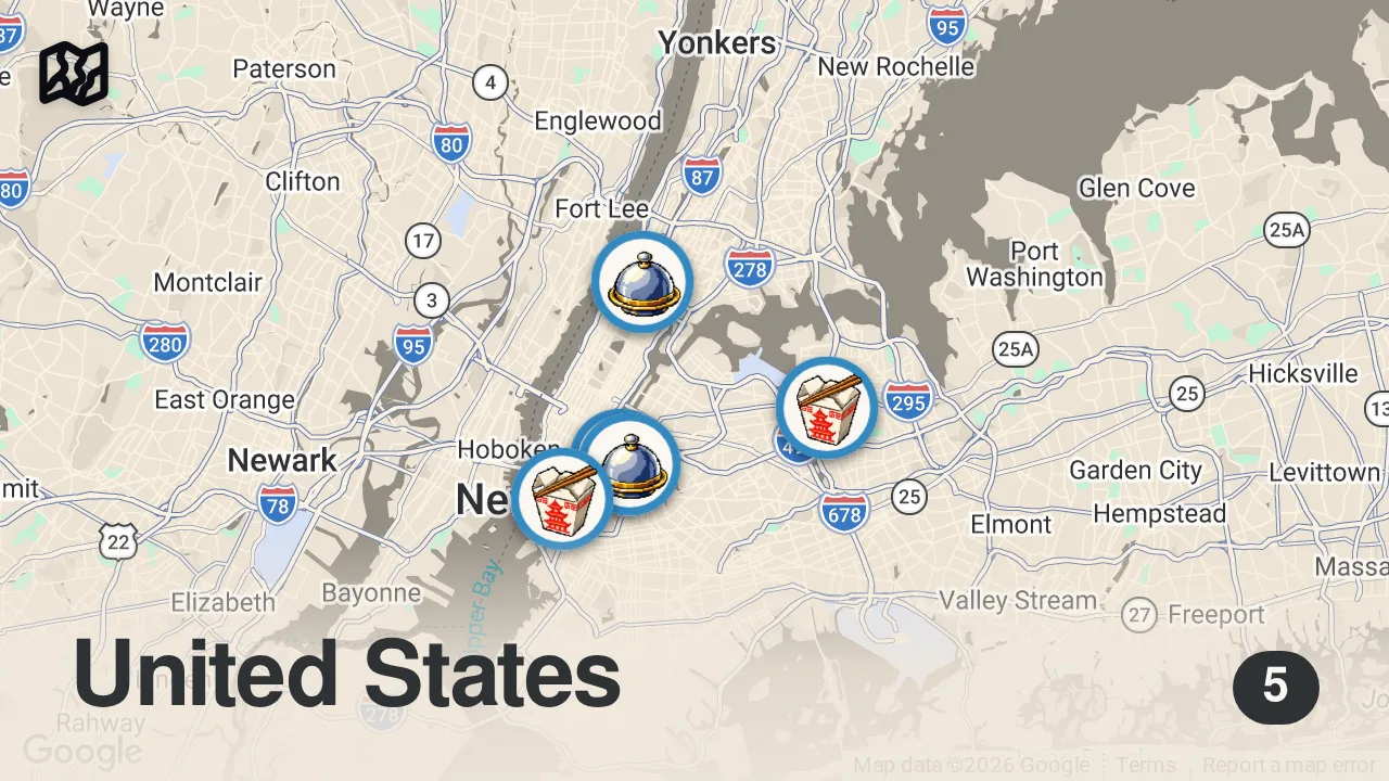 Map of 5 spots from 1 day. 3 meals. $15. Best Deals.