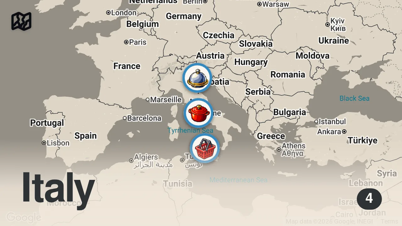 Map of 4 spots from Andrew’s Italian Adventures 🍝 | Bizarre Foods with Andrew Zimmern | Travel Channel