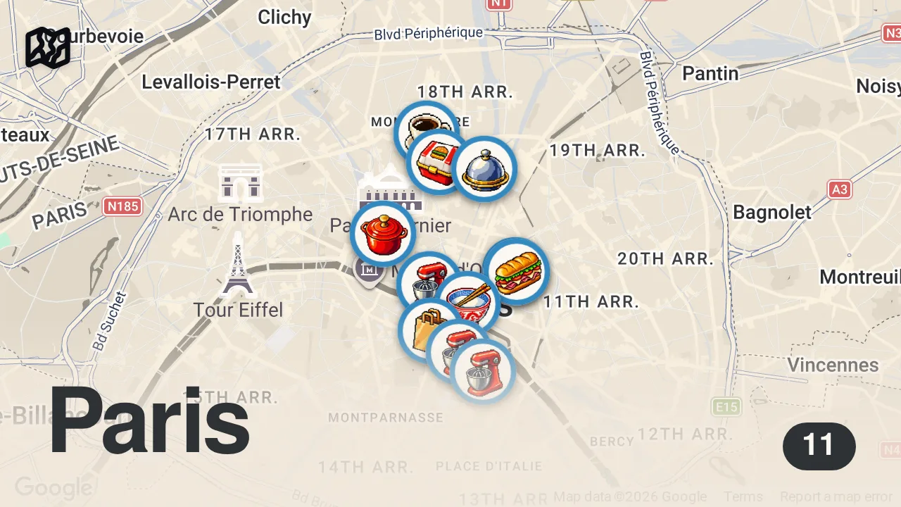 Map of 11 spots from We Tried 12 Street Food WHERE LOCALS EAT in Paris (Cheap Eats)