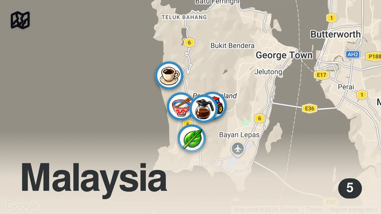 Map of 5 spots from Fish Head Curry Heaven!! ๐ MALAYSIAN FOOD + Durian Season in Penang, Malaysia!!