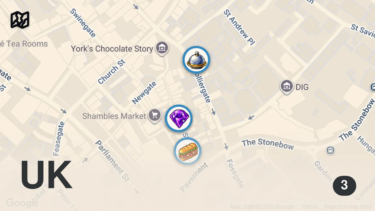 Map of 3 spots from I Ate In The Most Medieval City In The UK!