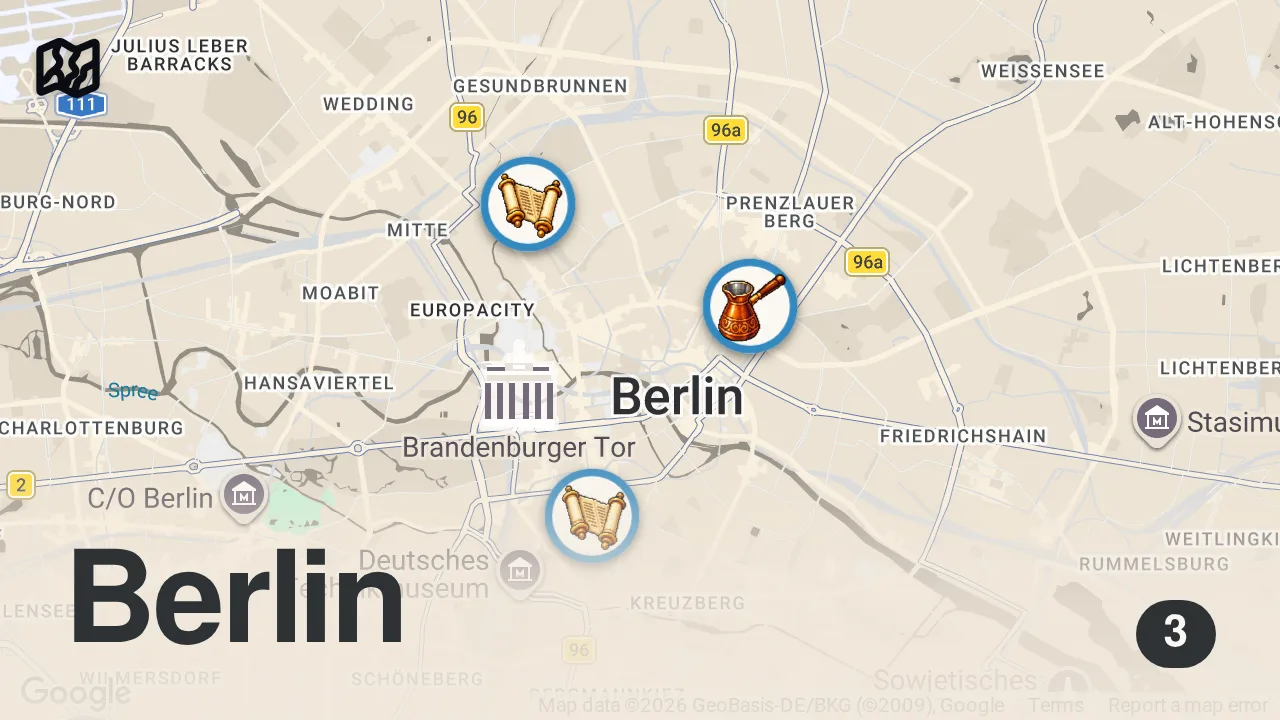 Map of 3 spots from Utanç Duvarı'ndan Sokak Lezzetlerine Berlin Turu | Zeynep Düvenci