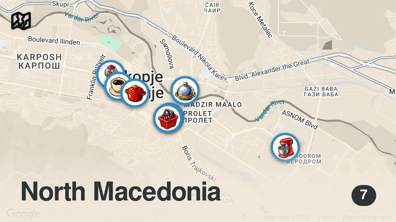 Map of 7 spots from BEST Balkan Food in SKOPJE 🇲🇰 Pleskavica + Selsko Meso + #1 Pizza in the Balkans