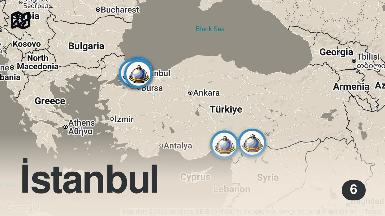 Map of 6 spots from EN İYİ KEBAPÇILAR | 3 Farklı Şehirde 6 Çok İyi Kebapçı