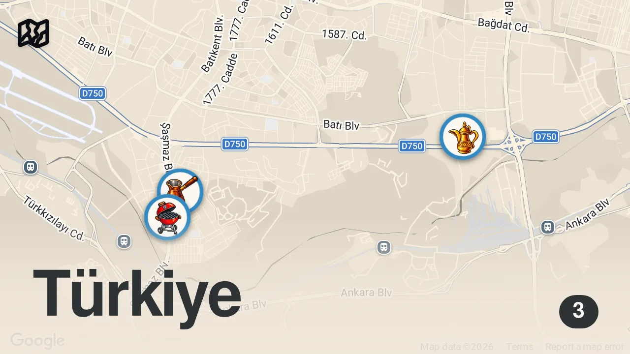Map of 3 spots from Ankara Sanayi Lezzetleri | Trabzon pidesi, Adana kebabı, tavuk kanat, sütlaç