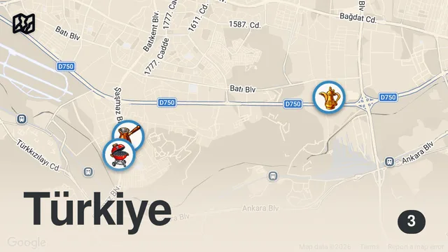 Map of Ankara Sanayi Lezzetleri | Trabzon pidesi, Adana kebabı, tavuk kanat, sütlaç