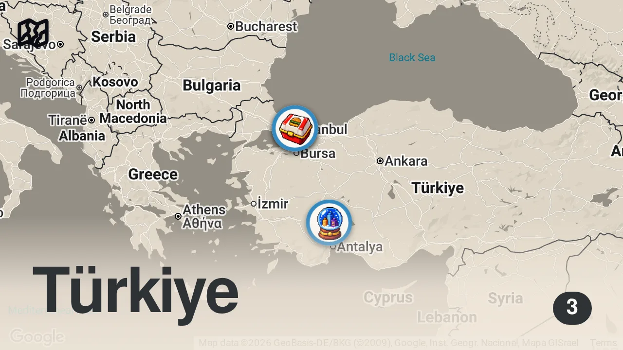 Map of 3 spots from Tavsiyelerinizi Keşfe Çıkıyoruz | Smash Burger, Isparta Şiş, French Omlet - Ayaküstü Lezzetler