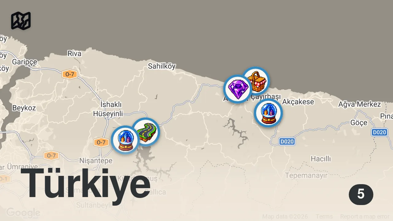 Map of 5 spots from ŞİLE'DE LEZZETLİ BİR GÜN (Hesaplar Senden Bölüm 9) - Ayaküstü Lezzetler