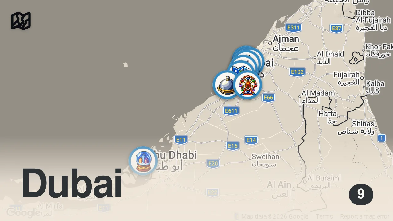 Map of 9 spots from Best Shopping places in Dubai | Gift Village, Outlet Mall, Meena Bazar, Gold Souk, Dubai Mall