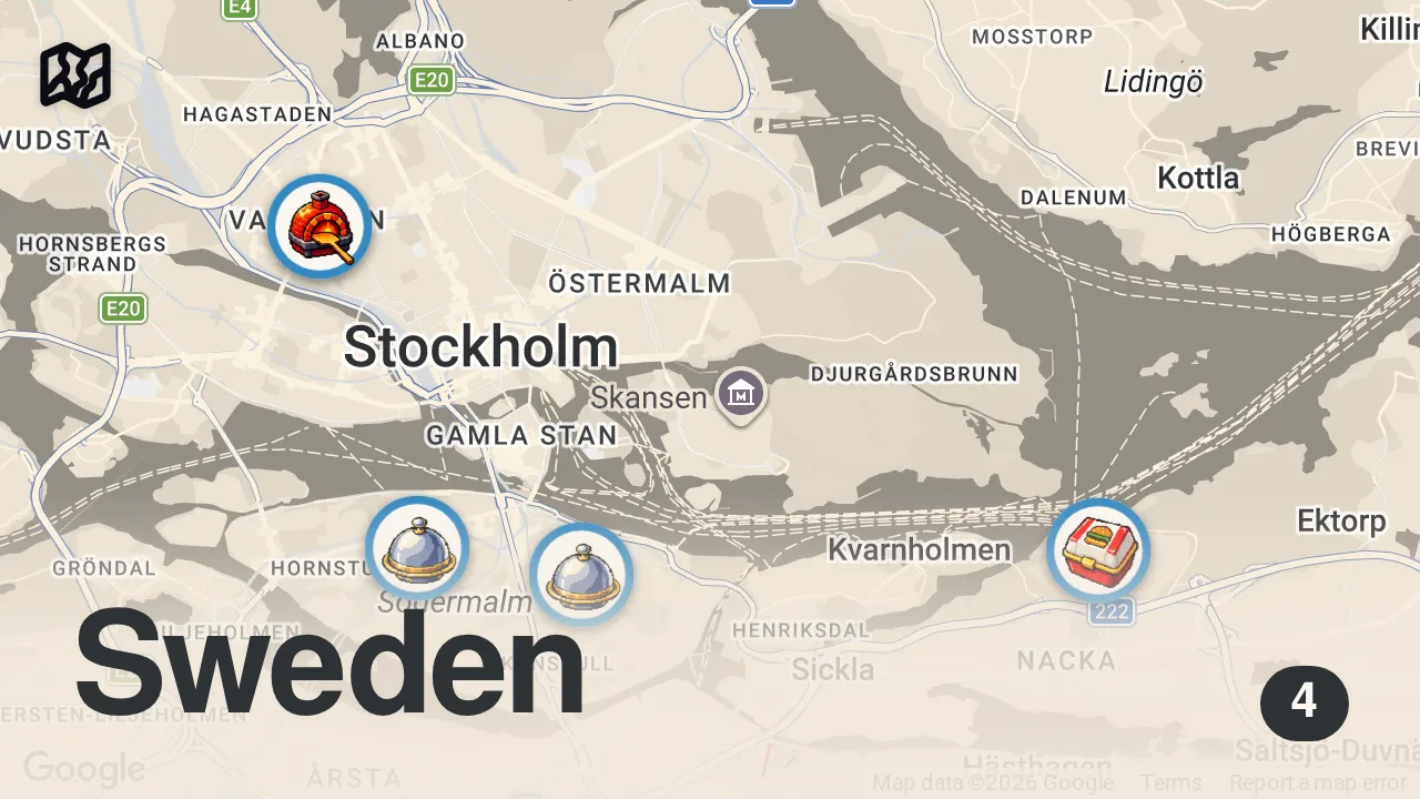 Map of 4 spots from I let my followers decide where I ate in Stockholm